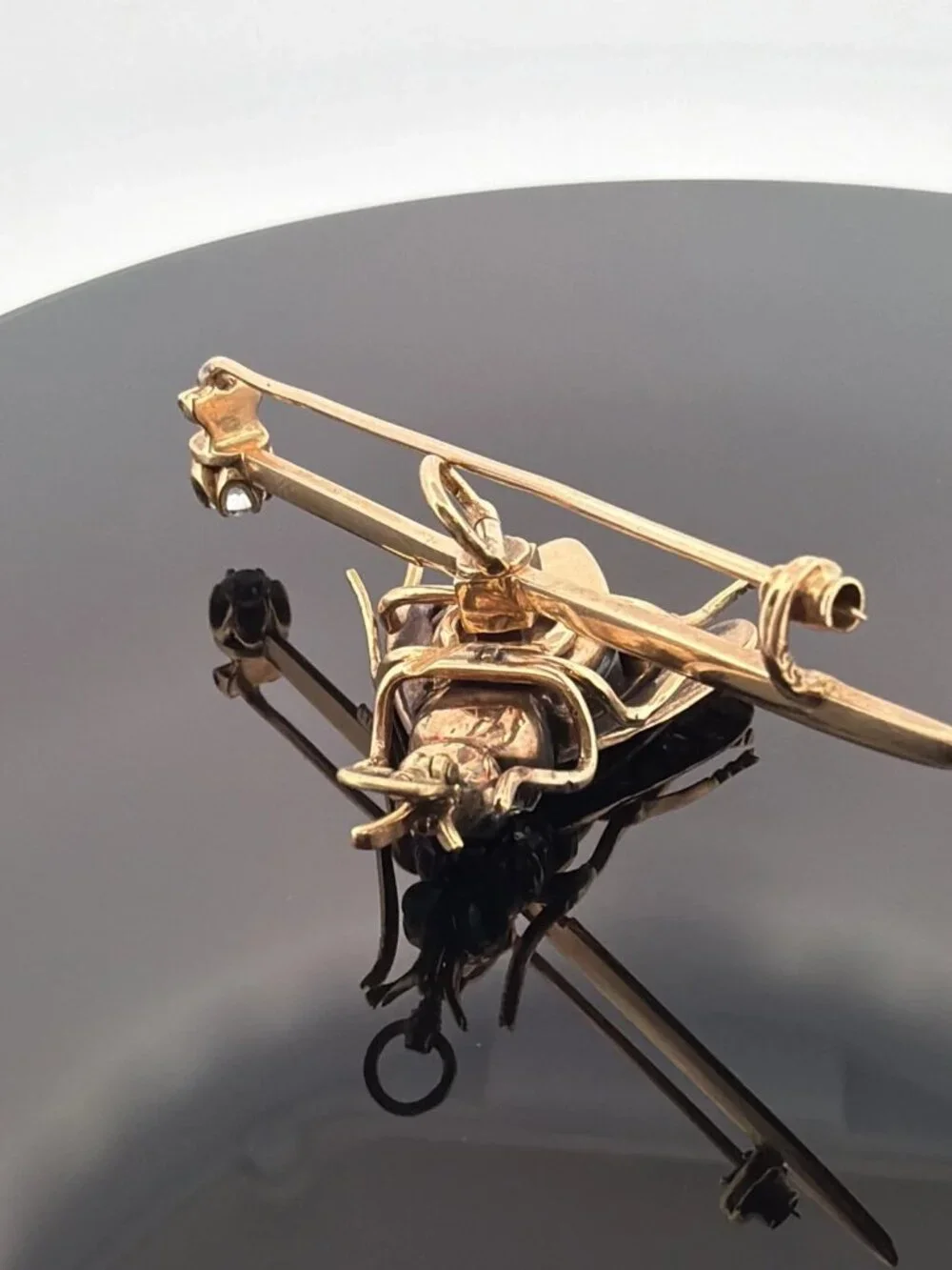 Antique Victorian Bee Brooch 14K Gold & Silver Diamond Emerald Cats Eye Quartz - Picture 10 of 13